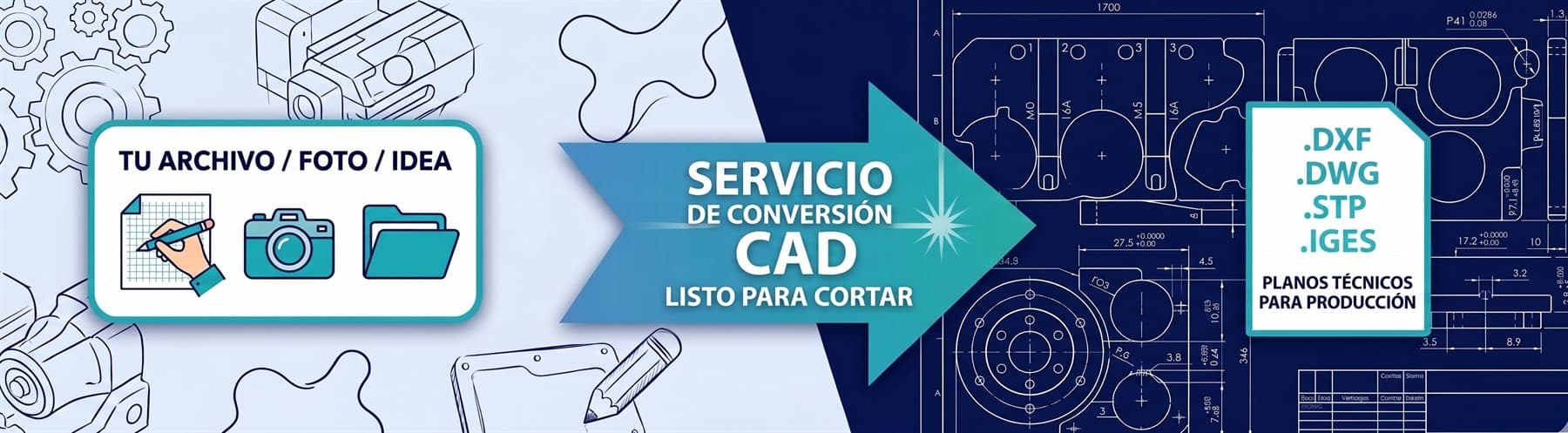Servicio de conversión CAD de Oxpane: de tu archivo, foto o idea a un plano técnico listo para cortar (DXF, DWG, STP, IGES).