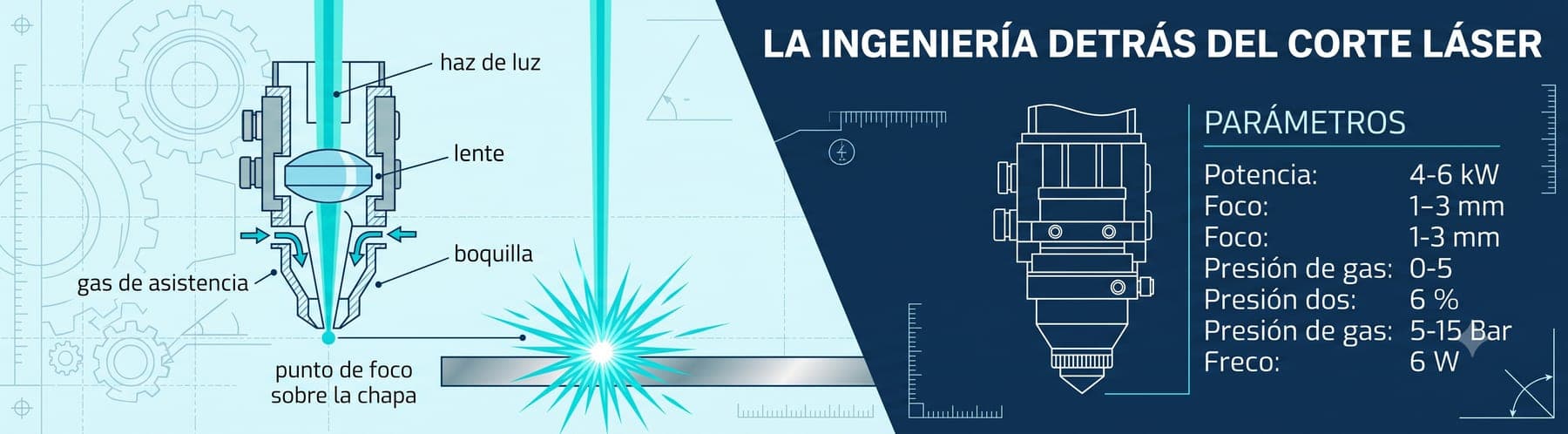 La ingeniería detrás del corte láser: esquema del cabezal con haz de luz, lente, boquilla, gas de asistencia y punto de foco sobre la chapa.
